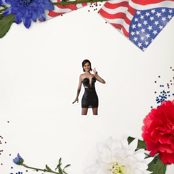 Sexy Ellie in Dress showing peace sign Bubble-free stickers (Customizable) - Picture 2 of 3